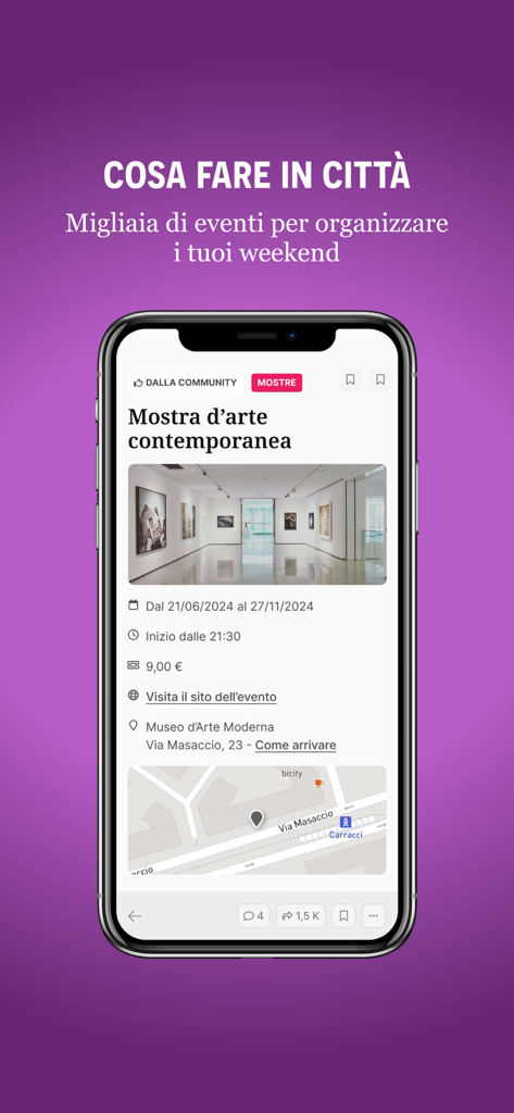 FirenzeToday app showing a contemporary art exhibition event and city guide