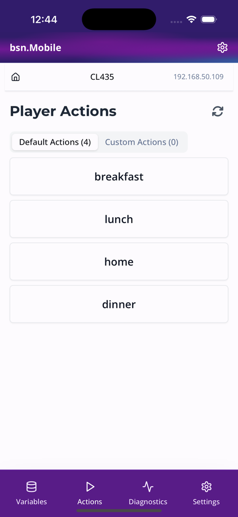 bsn.Mobile - Interface of bsn Mobile app showing player actions to trigger digital signage events like breakfast and lunch