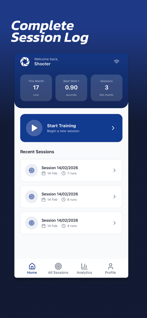 Shot Session - IPSC Timer - Painel do aplicativo Shot Session mostrando estatísticas de desempenho de tiro e um registro de sessões de treino recentes.