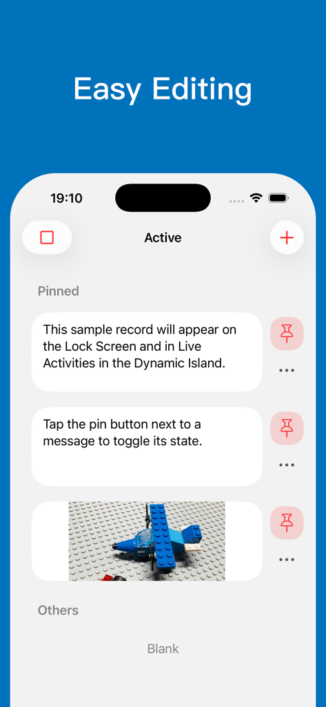 Pin It - Pin Island - User interface of the Pin It app displaying a list of pinned text notes and an image for iPhone Dynamic Island access