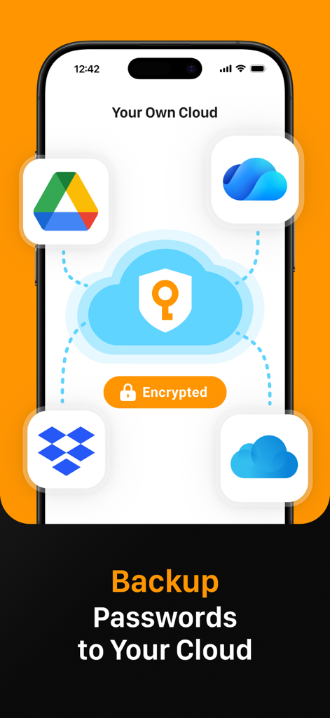 SafeInCloudアプリのインターフェース。Google DriveやDropboxなどの個人用クラウドサービスとのパスワードバックアップと同期を表示