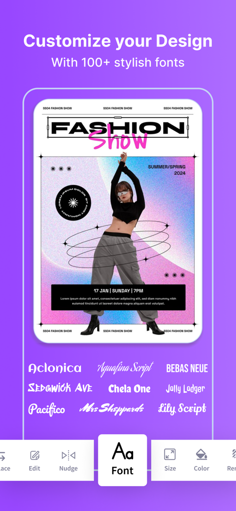 Poster Maker - Flyer Creator, - Eine mobile App-Oberfläche zur Anpassung eines Mode-Poster-Designs mit verschiedenen stilvollen Schriftoptionen