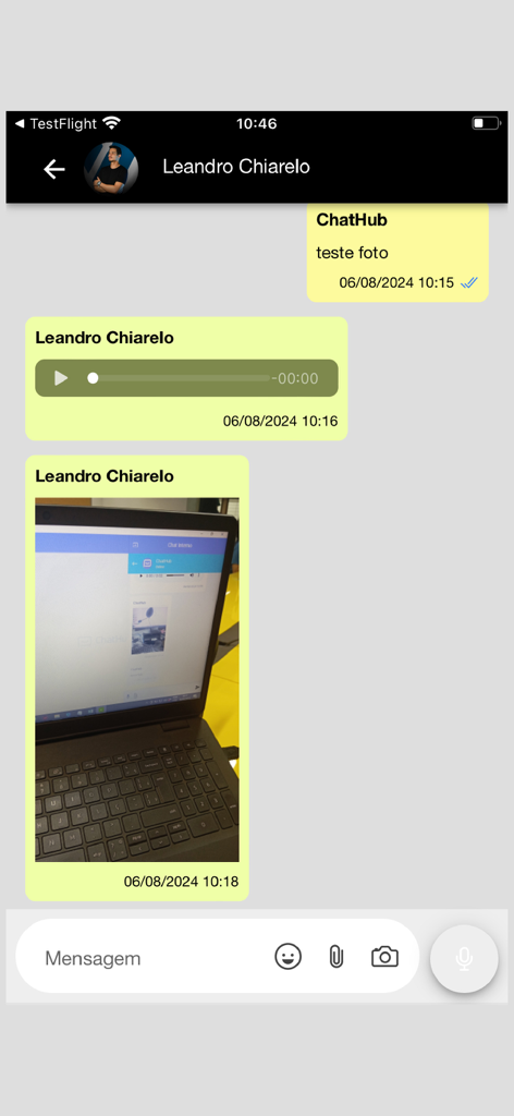 ChatHub - Mobile screen showing a ChatHub conversation with text, audio, and photo messages