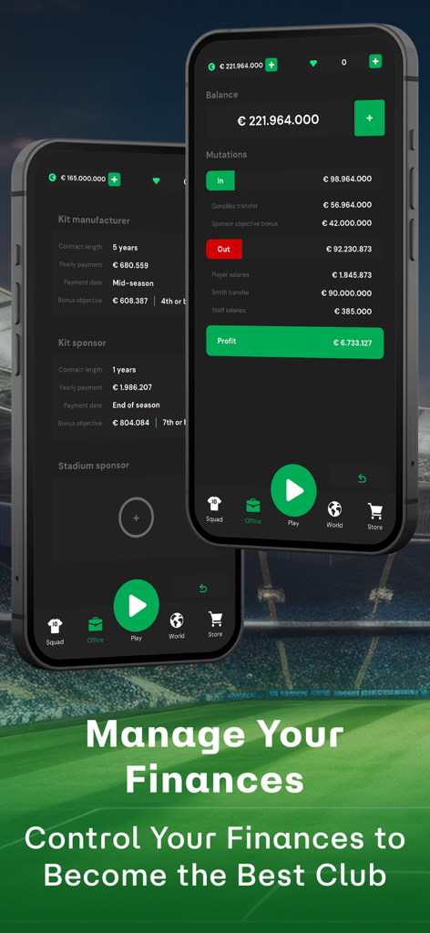 Club Chairman - Football Game - Pantallas de la aplicación móvil de Club Chairman que muestran balances del club de fútbol y gestión de patrocinios
