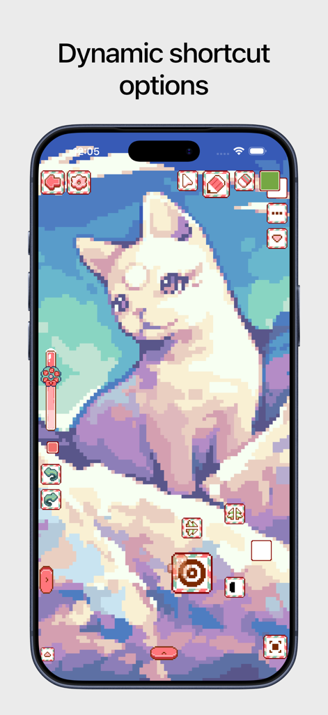 A white cat pixel art illustration on an iPhone screen showing Pixquare dynamic shortcut options