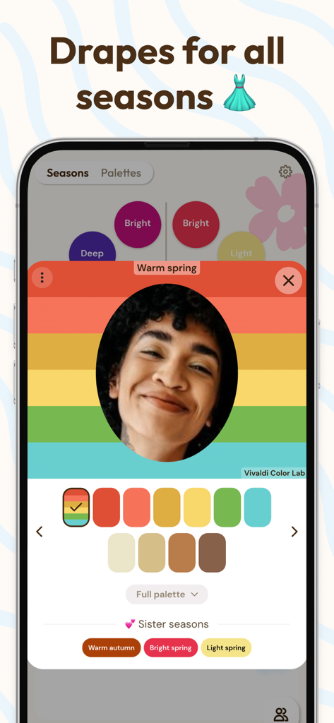 Vivaldi Color Analysis - Interfaz que muestra la función Digital Drapes con una paleta de colores de Primavera Cálida en la aplicación Vivaldi Color Analysis.
