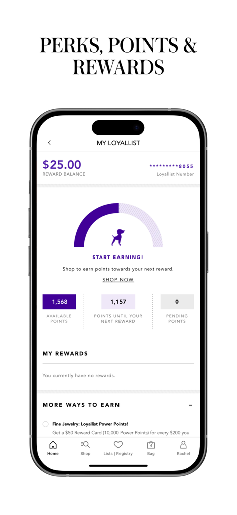 Bloomingdale's app My Loyallist screen showing a 25 dollar reward balance and points progress tracking.