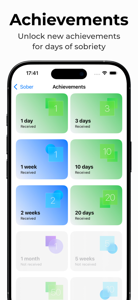 Sober - Try Dry February - Achievements screen in the Sober app showing earned and locked sobriety milestone badges