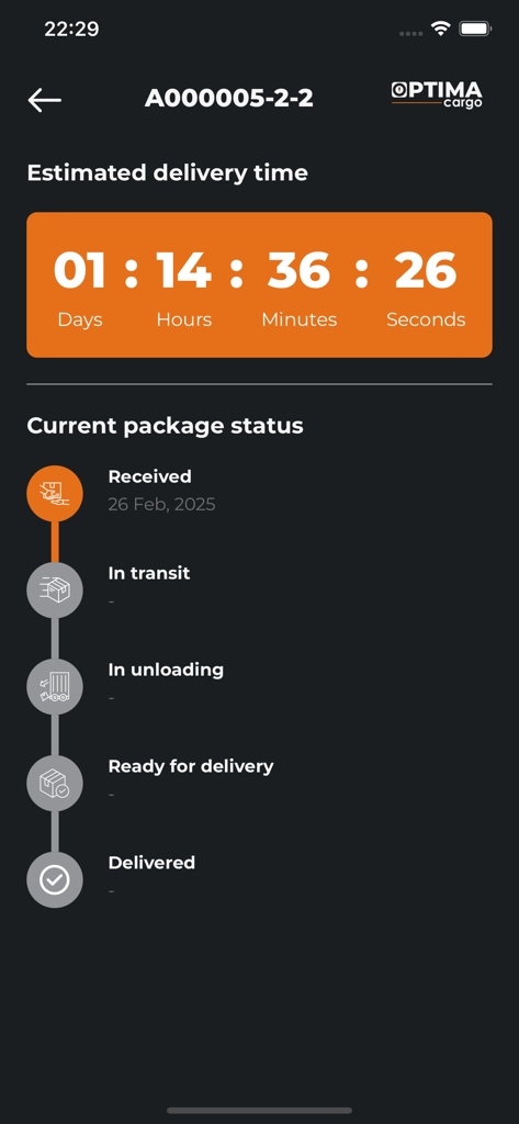 Optima Cargo app shipment tracking screen showing delivery status and estimated arrival time