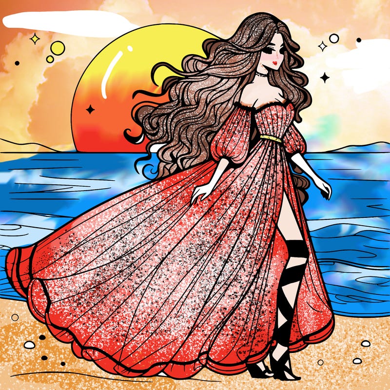 beautiful woman with a vaporous long dress walking on the beach at the noon, detailed art