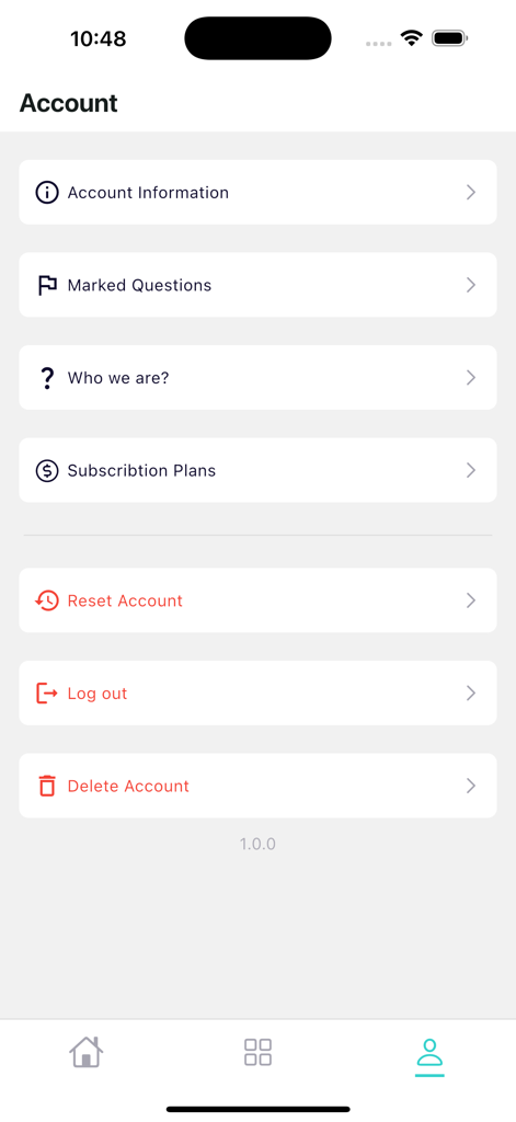Account screen of the Remedy Platform medical education app showing menu options for account info marked questions and subscription plans