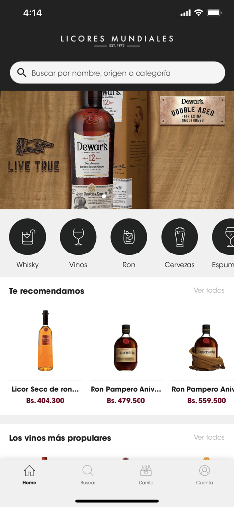 Licores Mundiales mobile app home screen with liquor categories and product recommendations