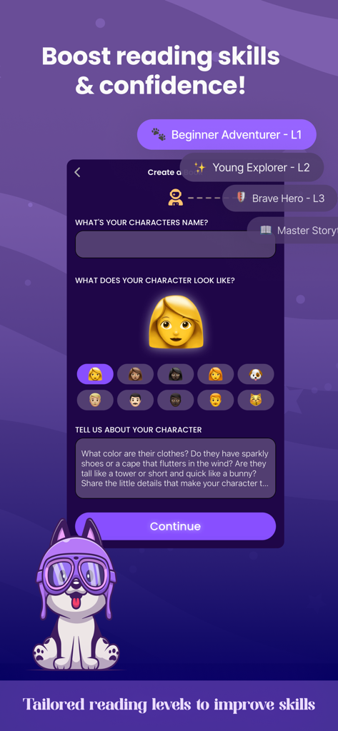 StoryWizard: Create Storybooks - StoryWizard app interface for character creation and selecting reading levels to boost literacy skills.