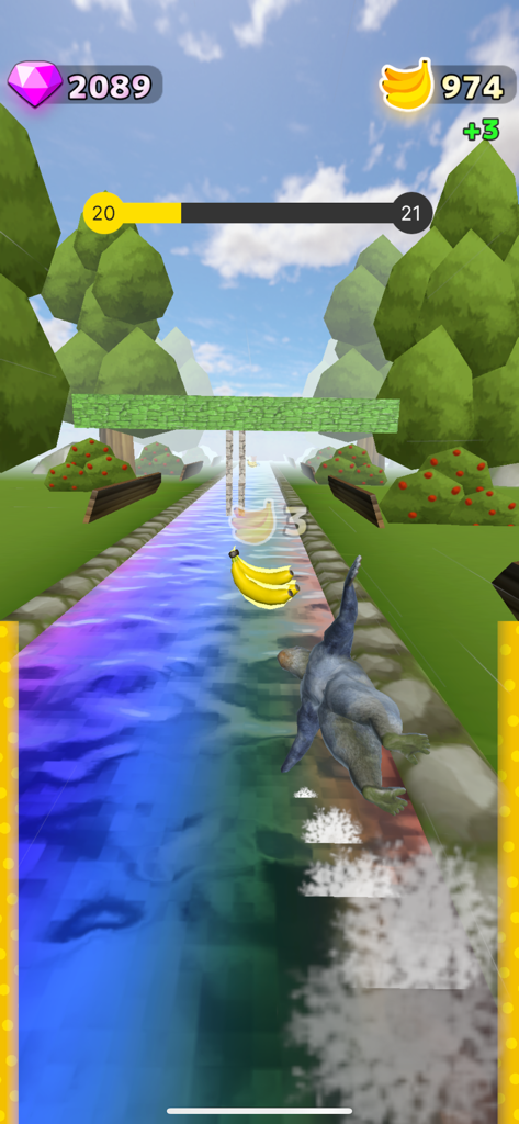 Flying Gorilla - A 3D gorilla flying over a rainbow colored river in a jungle environment collecting bananas