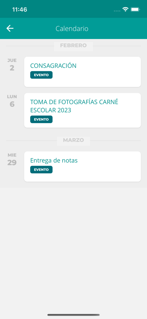 Edoo - A calendar view in the Edoo app listing school events and important academic dates in Spanish.