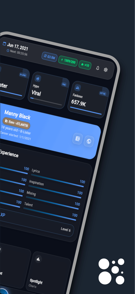 Painel do jogo móvel NextWave mostrando estatísticas do artista para hype da base de fãs e níveis de experiência