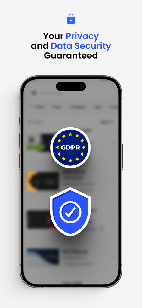 A mobile phone screen showing GDPR compliance and data security for Covve Business Card Scanner