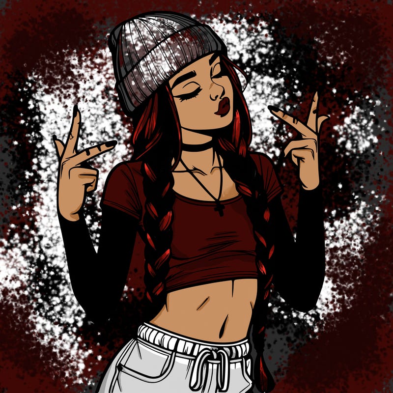 realistic teenage girl with braids and a beanie and crop top doing 🫶🏼