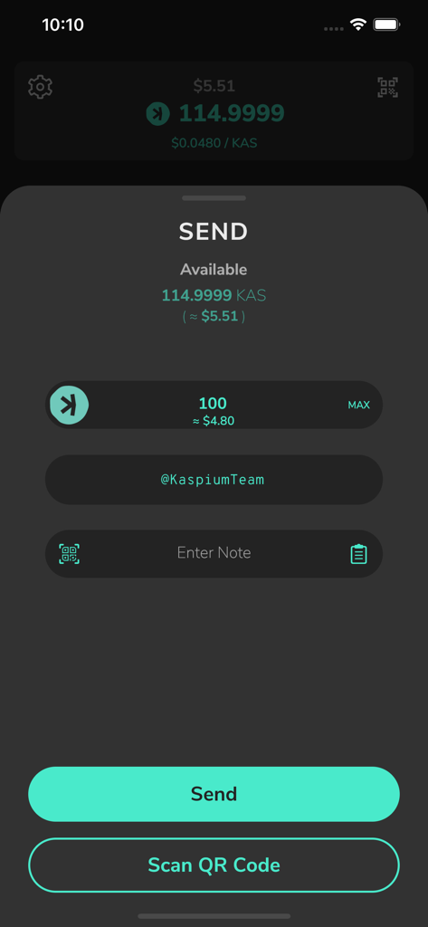 L'écran d'envoi de l'application Kaspium montrant une configuration de transaction pour les pièces Kaspa.