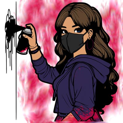 realistic girl with mask spray painting a wall