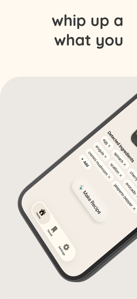 DishMe AI - DishMe AI interface showing detected ingredients including eggs and spinach with a button to generate a recipe