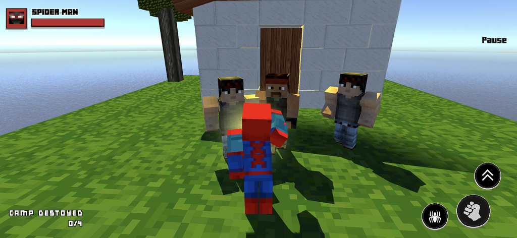 Minecraft Spider-Man Adventure - Spider-Man character in a blocky Minecraft style world facing villains