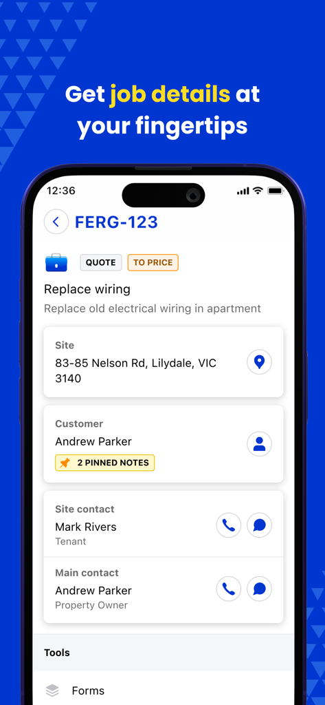 Fergus Go mobile app displaying job details for a wiring project including site address and customer contacts