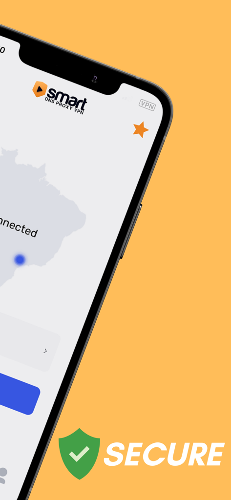 Smart DNS Proxy VPN Master app interface showing a secure connection with a green shield icon