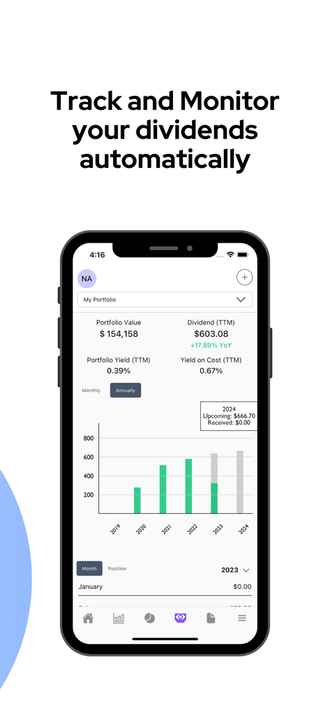 Portseido - Painel do aplicativo móvel Portseido exibindo rastreamento automático de dividendos e gráficos de renda histórica