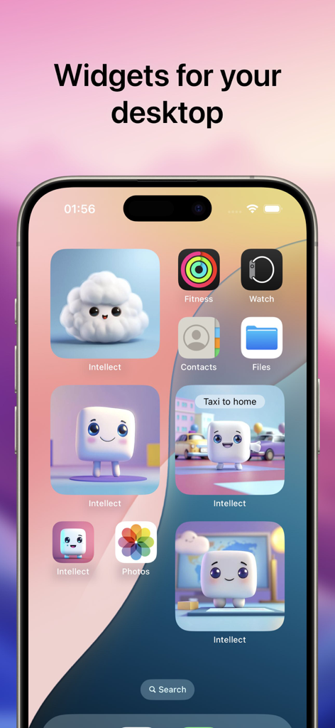 Pantalla de inicio de iPhone que muestra varios widgets de escritorio para la aplicación Asistente Inteligente Chat.