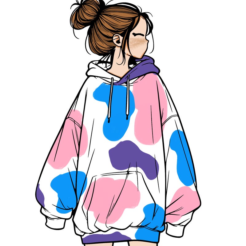 realistic girl with a oversized sweatshirt on and a bun