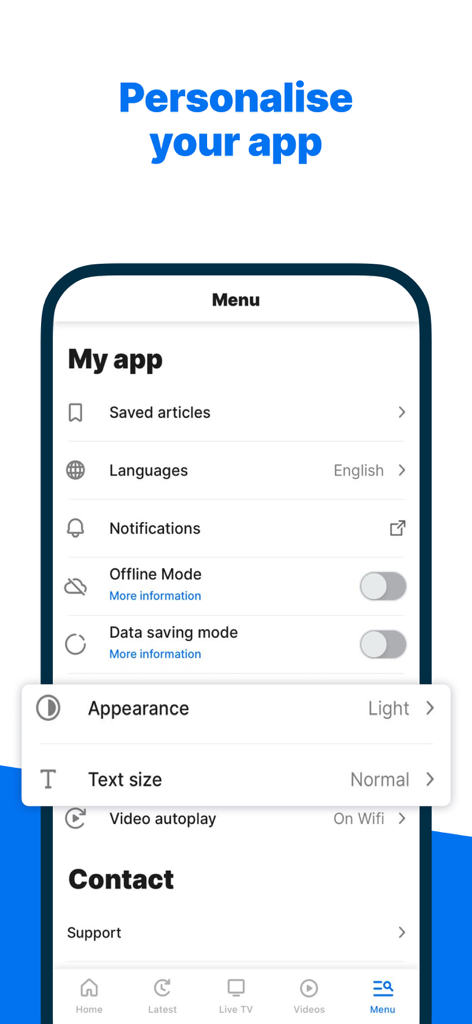 Euronews: World news & live TV - Menú de la aplicación móvil Euronews que muestra opciones de personalización como el modo sin conexión y el ahorro de datos