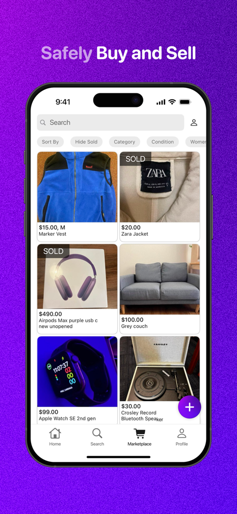 Interface of the Fizz app marketplace showing local listings for student gear and furniture.