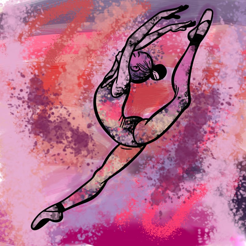 gymnast doing a leap in a leotard with a bent back leg