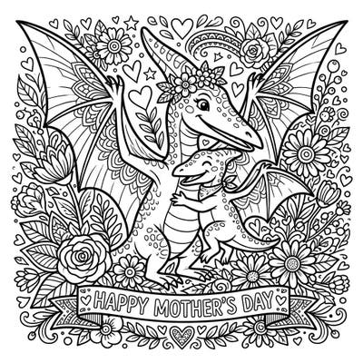 Celebrate the special bond of Mother's Day with this heartwarming Pteranodon coloring page. Adorned with flowers and hearts, it's a delightful scene of a parent Pteranodon embracing its little one.