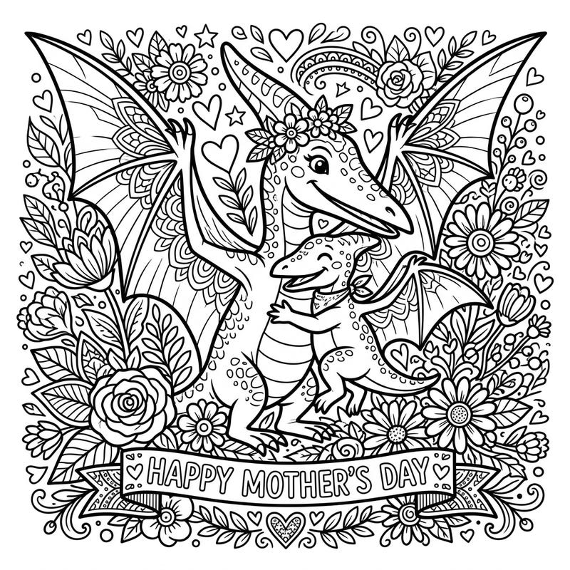 Celebrate the special bond of Mother's Day with this heartwarming Pteranodon coloring page. Adorned with flowers and hearts, it's a delightful scene of a parent Pteranodon embracing its little one.
