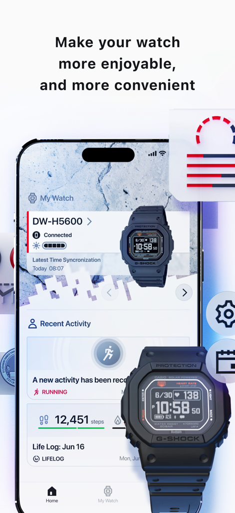 CASIO WATCHES - CASIO WATCHES app dashboard displaying a connected G-SHOCK watch with daily activity tracking and step counts