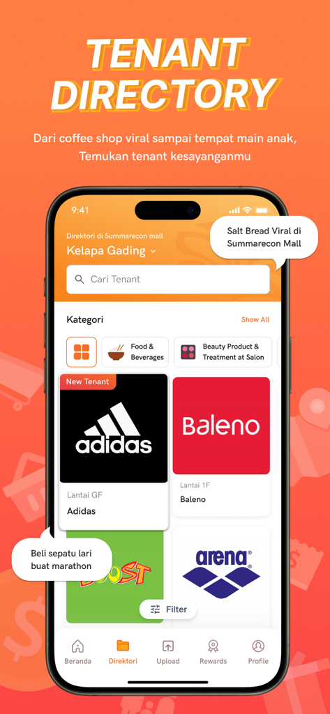 Summarecon Mall - Screenshot of the Summarecon Mall app tenant directory page showing store listings and brand logos like Adidas and Baleno