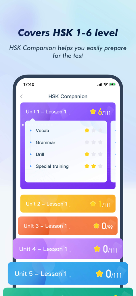 Interfaz de la aplicación móvil HSK SuperTest que muestra unidades de lecciones y progreso para los niveles HSK del 1 al 6