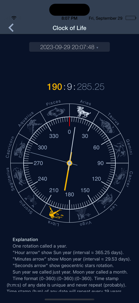 Clock of Life feature showing zodiac wheel and lunar cycles