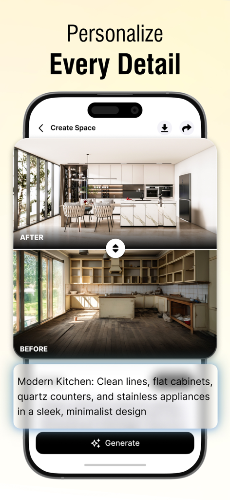 Side by side comparison of an old kitchen and a modern minimalist kitchen design generated by AI
