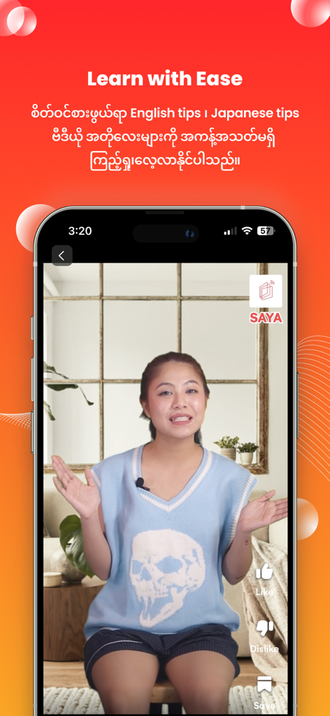 SAYA : The Learning App - Video lesson interface on SAYA The Learning App showing English and Japanese language tips for Burmese speakers