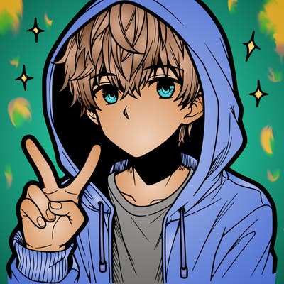 teenage manga boy in a hoodie, doing ✌