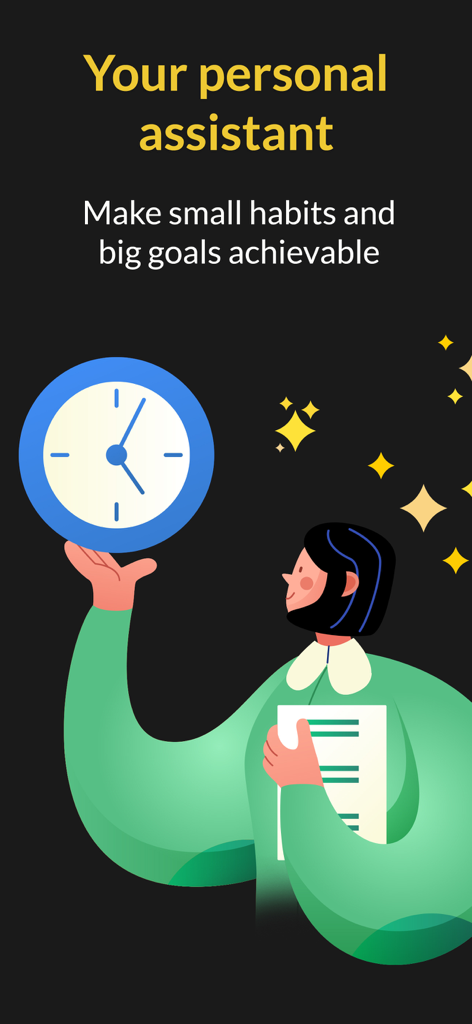 Ilustración de una persona sosteniendo un reloj y una lista de verificación que representa un asistente personal de seguimiento de hábitos.