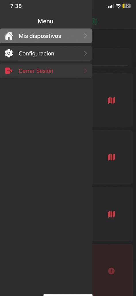 Montao GPS - Side menu of the Montao GPS app displaying navigation options in Spanish including My Devices and Settings