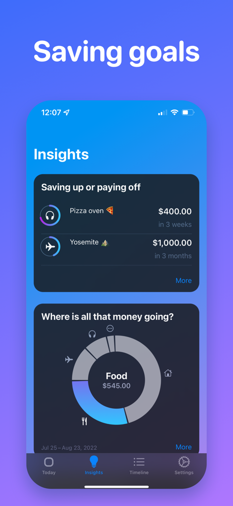 Today's Budget app screen displaying financial insights with saving goals and a spending donut chart