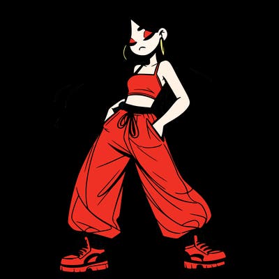 girl in baggy pants crop top and long hair