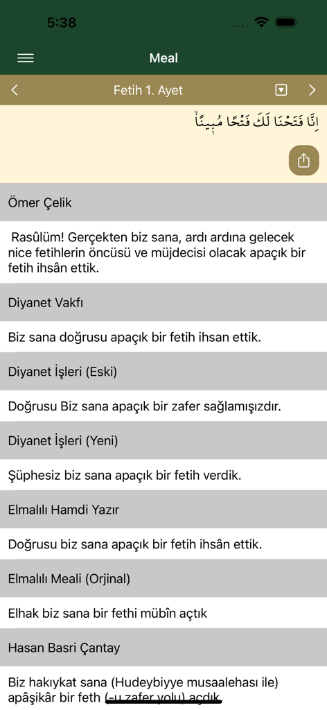 Screenshot of KuranveMeali app showing a comparison of multiple Turkish Quran translations for the same verse.