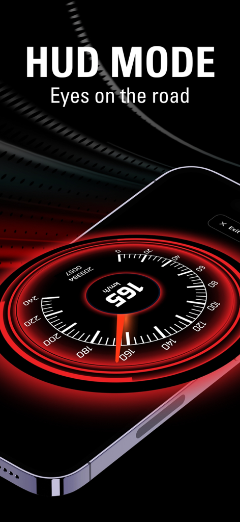 Un teléfono móvil mostrando un velocímetro digital rojo en modo HUD con texto invertido para el reflejo del parabrisas