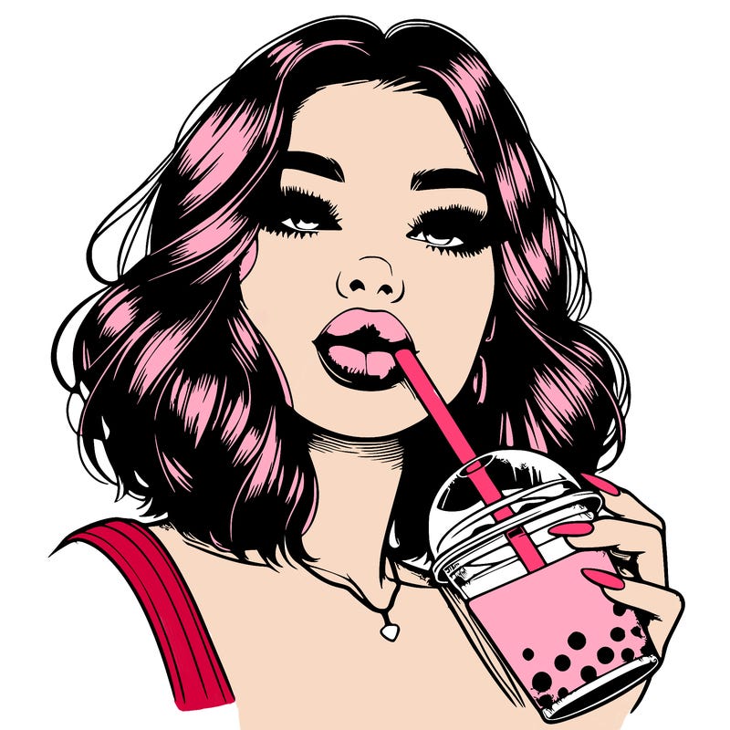 realistic girl with glossy lips holding boba